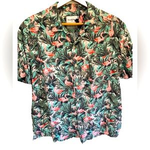 Goodfellow & Co Mens Short Sleeve Button Up Shirt Flamingo Tropical Print Size L